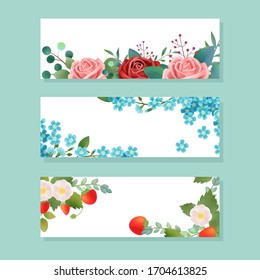 Vintage handgezeichnet Vektorillustration rosa Blätter, vergiss-nicht-blumen, Erdbeerfruchtgrafiereinladung, grüner Hintergrund, Banner, Täler, Hochzeit, Urlaub, Frühlings- und Sommerblumen