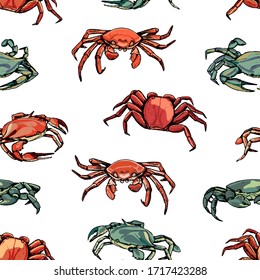 Vintage hand drawn vector seamless pattern. Background of beautiful crabs. Realistic graphic sketches of crustacean animals. Bright surface design for wallpaper, wrap, textile, postcards, prints etc.