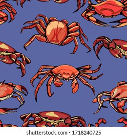 Vintage hand drawn vector seamless pattern. Background of beautiful crabs. Realistic graphic sketches of crustacean animals. Bright surface design for wallpaper, wrap, textile, postcards, prints etc.