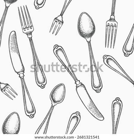Vintage Hand Drawn Vector Seamless Pattern of Cutlery. Not AI Generated. Retro Fork  Spoon Knife Engraved Kitchen Utensils Old Style Illustration