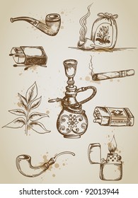 Vintage hand drawn vector smoking and cigarette icons