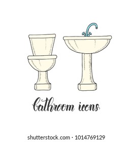 Vintage hand drawn washbasin and toilet bowl in a sketch style. Hand made lettering. Vector objects from the bathroom. 
