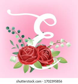 Vintage hand drawn white letter E vector illustration on pink background with rose flower leaves, spring and summer elements, elegant wedding font, blooming flowers