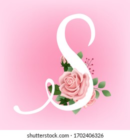 Vintage hand drawn white letter S vector illustration on pink background with rose flower leaves, spring and summer elements, elegant wedding font, blooming flowers,