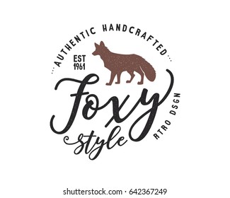 Vintage hand drawn wild animal label. Fox silhouette shape and typography elements - authentic handcrafted. Old style colors. Patch design. Rustic stamp vector t shirt template.