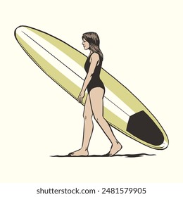 Vintage Hand Drawn Woman Carry Surfboard Isolated