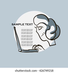 Vintage hand drawn woman face and laptop vector illustration. Can be use for poster, banner, label, card and design elements.