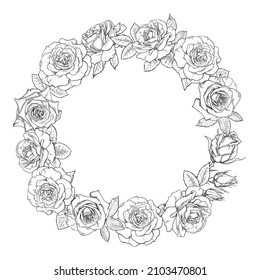 Vintage hand drawn wreath with rose flowers. Engraving style floral  round frame. Vector illustration isolated on white background.