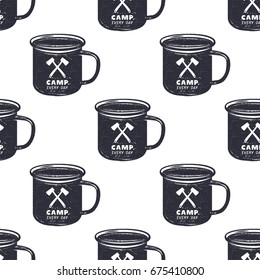 Vintage hand drawncamp mug, pattern design. Camping seamless wallpaper with cup, typography sign. Monochrome retro design. Vector illustration. Use for fabric printing, web projects, t-shirts