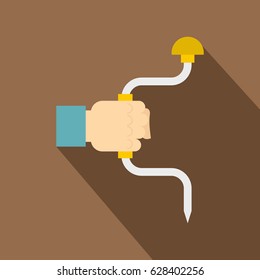 Vintage hand drill in man hand icon. Flat illustration of vintage hand drill in man hand vector icon for web on coffee background