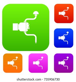 Vintage hand drill in man hand set icon color in flat style isolated on white. Collection sings vector illustration