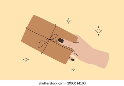 Vintage hand with envelope vector illustration. Flat and line design. Modern vintage cartoon style. Colorful minimal postal design.