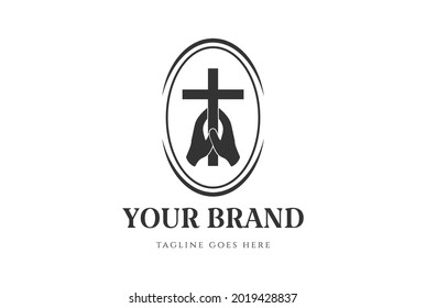 Vintage Hand Hold Jesus Christian Cross Badge Emblem Label for Church Chapel or Religion Logo Design Vector