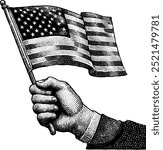 Vintage Hand Holding American Flag Illustration, vintage illustration of a hand firmly gripping a small waving American flag.  engrave illustration