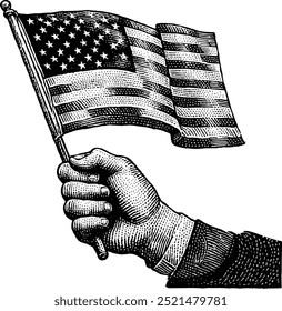 Vintage Hand Holding American Flag Illustration, vintage illustration of a hand firmly gripping a small waving American flag.  engrave illustration