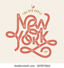 Vintage Hand lettered textured The big Apple New York city t shirt apparel fashion print Retro old school tee graphics Custom type design Hand drawn typographic composition Wall decor art poster