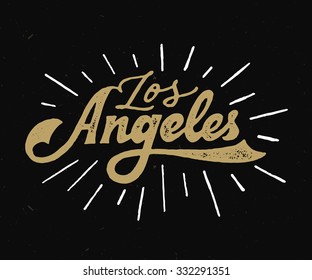 Vintage Hand lettered textured Los Angeles t shirt apparel fashion print. Retro old school tee graphics. Custom type design. Hand drawn typographic composition. Hand crafted wall decor art poster.