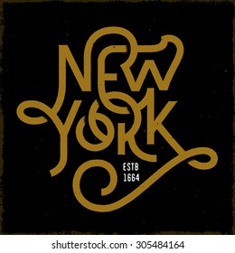 Vintage Hand lettered textured New York city t shirt apparel fashion print. Retro old school tee graphics. Custom type design. Hand drawn typographic composition. Hand crafted wall decor art poster.