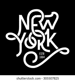 Vintage Hand lettered textured New York city t shirt apparel fashion print. Retro old school tee graphics. Custom type design. Hand drawn typographic composition. Hand crafted wall decor art poster.