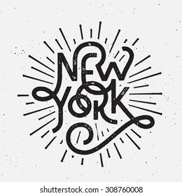 Vintage Hand lettered textured New York t shirt apparel fashion print Retro old school tee graphics Custom type design Hand drawn typographic composition Wall decor art poster