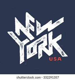 Vintage Hand lettered textured New York city t shirt apparel fashion print. Retro old school tee graphics. Custom type design. Hand drawn typographic composition. Hand crafted wall decor art poster.