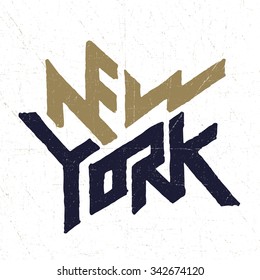 Vintage Hand lettered textured New York city t shirt apparel fashion print. Retro old school tee graphics. Custom type design. Hand drawn typographic composition. Hand crafted wall decor art poster.