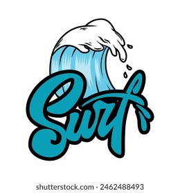 Vintage hand lettering emblem of Surf club with wave. Vector illustration