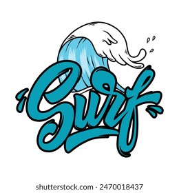 Vintage hand lettering emblem of Surf club with wave. Vector illustration