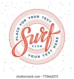 Vintage hand lettering emblem of Surf club on palm trees background. Vector illustration.
