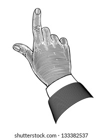   Vintage hand with pointing finger in engraving style.  Vector illustration, isolated, grouped, transparent background