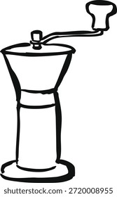 Eine handbetriebene Kaffeemühle mit einer Seitenkurbel und einer Sammelbasis.