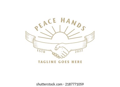 Vintage Hand Shake Ribbon with Golden Sun for Peace Deal Community Unity Teamwork Logo Design