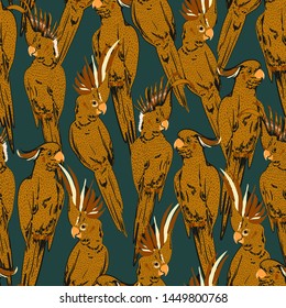 Vintage hand sketch doodle of yellow cockatoo parrot birds  seamless pattern in vector design for fashion, fabric, web, wallpaper, and all prints on dark green  background color