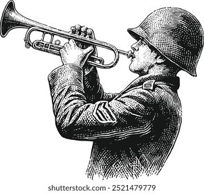 Boceto de mano de Antiguas Ilustración de un trompetista militar, ilustración vintage en blanco y negro intrincada de un trompetista militar en uniforme, tocando una corneta