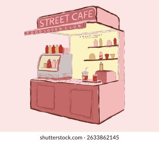 Vintage hand sketch. Street cafe graphic print design for t shirt, apparel, posters, background and others.	 Street cafe abstract art design. Best food in Europe. 