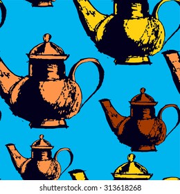 Vintage hand sketched teapot design element with polka dots. Colorful doodle retro seamless wallpaper