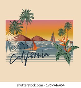 Vintage hand writing California typography with palm trees and island  Summer vacations beach , Design for fashion, T-shirt,graphic tee, Teaxtile ,card , Banners and all graphic type.