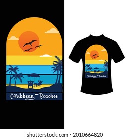 Vintage hand writing Caribbean beaches typography with palm trees and island Summer vacations beach , Design for fashion, T-shirt, graphic tee, Teaxtile , card , Banners and all graphic type.