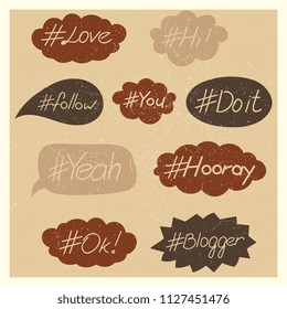 Vintage hand written hashtag words in speech bubble vector set