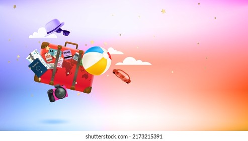 Vintage handbag with different beach stuff. Levitation effect. 3d vector banner with copy space