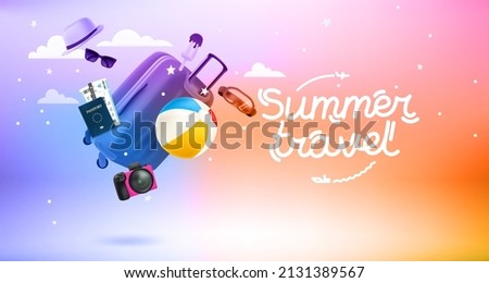 Vintage handbag with different beach stuff. Levitation effect. 3d vector banner with lettering inscription