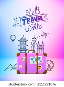 Vintage handbag with world sights silhouettes. Lets travel the world. 3d vector illustration