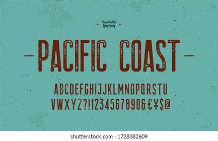 Vintage Handcrafted Font and Alphabet. Textured with The effect of an old worn out decals letters. Vector Illustration.