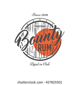 Vintage handcrafted label, emblem with old barrel and vector sign - bounty rum. Sketching filled style. Retro design for advertising, tee, t shirt prints. Isolate on white and red shape. Vector.