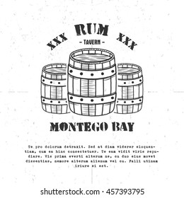 Vintage Handcrafted Poster Template With Old Barrels And Vector Sign - Rum, Montego Bay. Sketching Filled Style. Retro Design For Banner, Flyer. Isolated On White Background. Vector Illustration