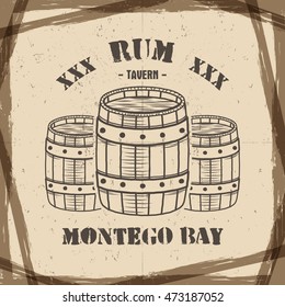 Vintage Handcrafted Poster Template With Old Barrels And Vector Sign - Rum, Montego Bay. Sketching Filled Style. Retro Design For Banner, Flyer. Isolated On Old Paper Background. Vector.