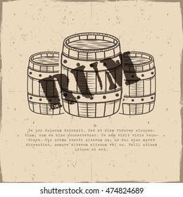 Vintage handcrafted poster template with old barrels and vector sign - rum. Sketching filled style. Retro design for banner, flyer. Isolated on old paper background. Vector