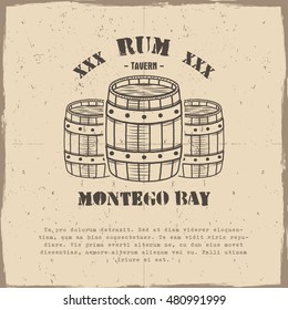 Vintage Handcrafted Poster Template With Old Barrels And Vector Sign - Rum, Montego Bay. Sketching Filled Style. Retro Design For Banner, Flyer. Isolated On Old Paper Background. Vector.