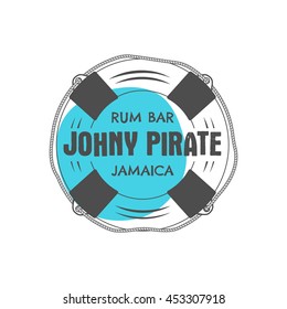 Vintage handcrafted rum bar label, emblem. Vector sign - johny pirate, Jamaica. Sketching filled style. Pirate and sea symbols - old lifebuoy. Isolated on white background. Vector illustration