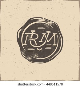 Vintage Handcrafted Wax Seal Template With Monogram Rum Wax Seal. Use As Pirate Emblem, Label, Logo. Isolated On A Scratched Paper Background. Sketching Filled Style. Vector Silhouette Wax Template.